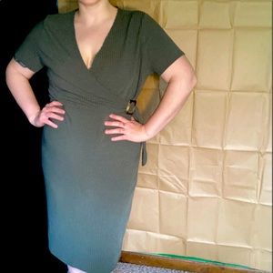 Boohoo Olive faux-wrap ribbed dress